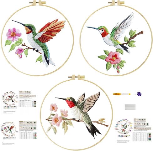 57lilina Embroidery Kit for Beginners, Pack of 3 with Hoops, Threads, Needles - Starter Cross Stitch Supplies for Adults, Gift for Relaxation Craft Lovers, Flower Theme in Kuwait