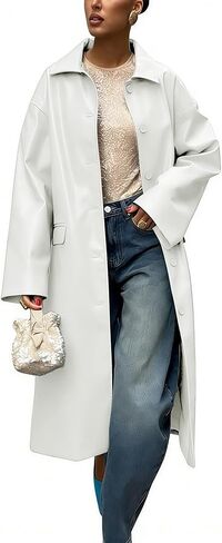chouyatou Women's Faux Leather Long Trench Coat Casual Lapel Single Breasted Pu Leather Jacket Outerwear Overcoat in Saudi Arabia