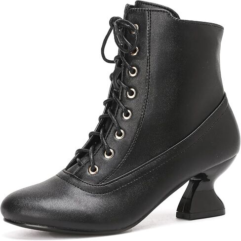 getmorebeauty Women's Ankle Boots Low Kitten Heels Lace Up Round Toe Side Zipper Vintage Short Boots Dress Shoes Autumn Winter in Kuwait