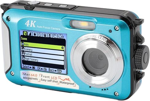 كاميرا FILFEEL 4K 64 ميجابكسل رقمية تحت الماء مع شاشة مزدوجة، مقاومة للمطر بطول 10 أقدام، تكبير تلقائي و16X، تتضمن بطاقة ذاكرة 64 جيجابايت (أزرق) in Kuwait