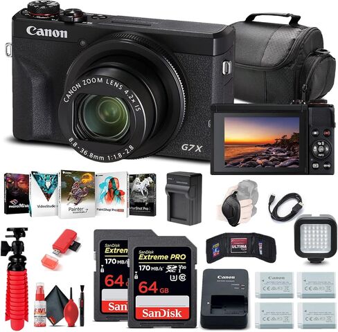 كاميرا كانون PowerShot G7 X Mark III الرقمية | فيديو 4K، بث مباشر، Wi-Fi و20.1 ميجابكسل CMOS + 2 × بطاقة 64 جيجابايت + 3 × NB13L + برنامج صور + شاحن + قارئ بطاقات + ضوء LED + المزيد (متجدد) in Kuwait