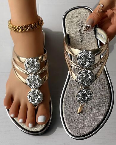 Womens Rhinestone Flower Pattern Flat Flip Flops Slippers Open Toe Hollow Woven Strap Comfortable Casual Vacation Footwear in Saudi Arabia