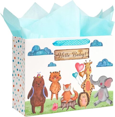 Lezakaa Baby Boy Gift Bag Bear Blue Bear ، وبالون الهواء الساخن ، يمكننا أن ننتظر تصميمًا لتصميم Baby Goil مع ورق الأنسجة وبطاقة تحية للاستحمام الطفل ، والآباء الجدد ، و 13 "× 10" × 5 "، و 1 PCS in Kuwait