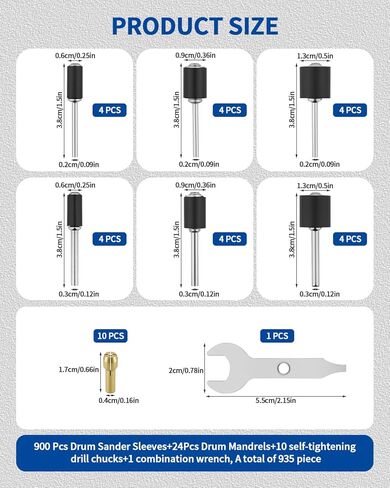 مجموعة أسطوانة الصنفرة، 935 قطعة من مجموعة أسطوانات الصنفرة مع 900 جلبة من أكسيد الألومنيوم (80-600 حبيبة)، 24 مغزلًا و10 قطع من أدوات الحفر ذاتية الشد (0.5-3.2 مم)، لأدوات الصنفرة والدوارة من Dremel in Kuwait