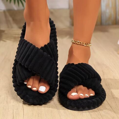 Women's Soft Cross-Band Open-Toe Winter Slippers - Cozy Plush Indoor Outdoor Shoes Black in Saudi Arabia