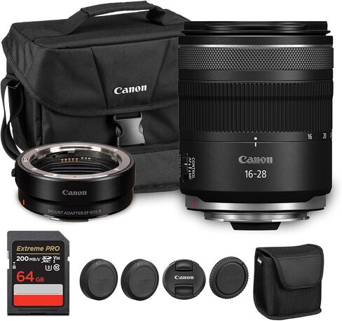عدسة Canon RF 16-28mm f/2.8 هي عدسة STM | تكبير بزاوية واسعة جدًا مع فتحة f/2.8 ساطعة وتثبيت الصورة | رائعة للتصوير الفوتوغرافي أثناء السفر والمناظر الطبيعية (6906C002) + محول EF-EOS R + حقيبة + بطاقة سعة 64 جيجابايت in Saudi Arabia