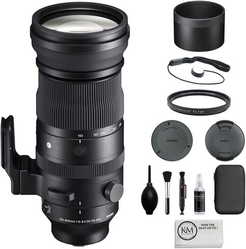 عدسة سيجما 150-600 ملم f/5-6.3 DG DN OS الرياضية المتوافقة مع Sony E Mount (إطار كامل) مع فلتر للأشعة فوق البنفسجية 95 ملم + حافظة غطاء العدسة + مجموعة تنظيف + قطعة قماش للتنظيف (5 قطع) in Kuwait