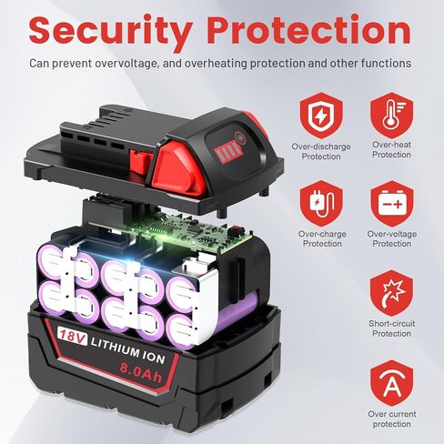 8.0Ah 18V استبدال عالي السعة لبطارية ميلووكي 18 فولت متوافقة مع بطارية ميلووكي 18 فولت 48-11-1812 48-11-1820 48-11-1840 48-11-1850 48-11-1852 48-11-1862 (2 حزمة) in Kuwait