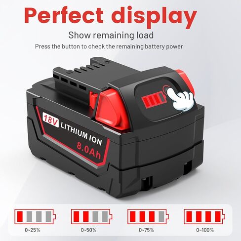 8.0Ah 18V استبدال عالي السعة لبطارية ميلووكي 18 فولت متوافقة مع بطارية ميلووكي 18 فولت 48-11-1812 48-11-1820 48-11-1840 48-11-1850 48-11-1852 48-11-1862 (2 حزمة) in Kuwait