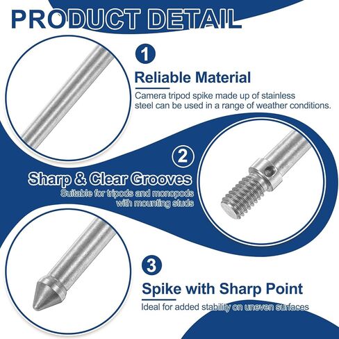 PATIKIL 3/8 Inch Thread Tripod Spike, 3 Pcs Stainless Steel Camera Tripod Ground Spike Screw with Wrench & Spacer (120mm/4.72") for Monopod Leg Replacement Parts, Silver in Saudi Arabia