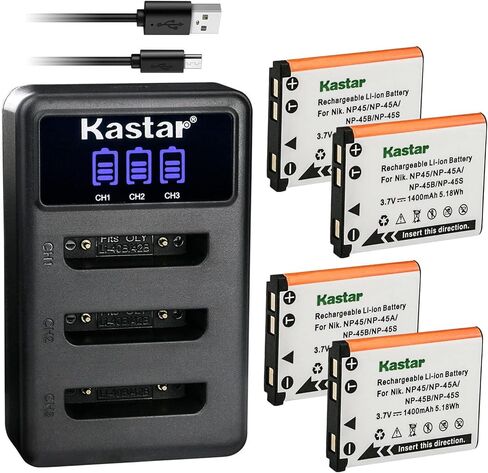 Kastar 4 بطاريات وشاحن USB ثلاثي LCD متوافق مع بطارية Minolta NP-45، Minolta MN5Z 20MP 5X، MN12Z 20MP 12X، MN22Z 20MP 22X، MN30WP 21 MP / 1080P HD كاميرا رقمية مقاومة للماء in Kuwait