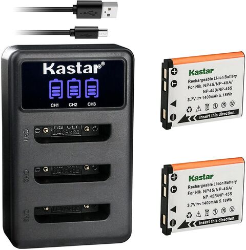 Kastar 4 بطاريات وشاحن USB ثلاثي LCD متوافق مع بطارية Minolta NP-45، Minolta MN5Z 20MP 5X، MN12Z 20MP 12X، MN22Z 20MP 22X، MN30WP 21 MP / 1080P HD كاميرا رقمية مقاومة للماء in Kuwait
