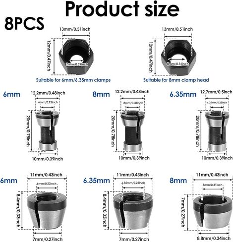 8Pcs Router Collet Chuck High Precision Trimmer Collet Adapter 6mm 6.35mm 8mm Carbon Steel Router Bit Collet Chuck Clamping Adapter with 2 Nuts for Woodworking Engraving Machine in Saudi Arabia