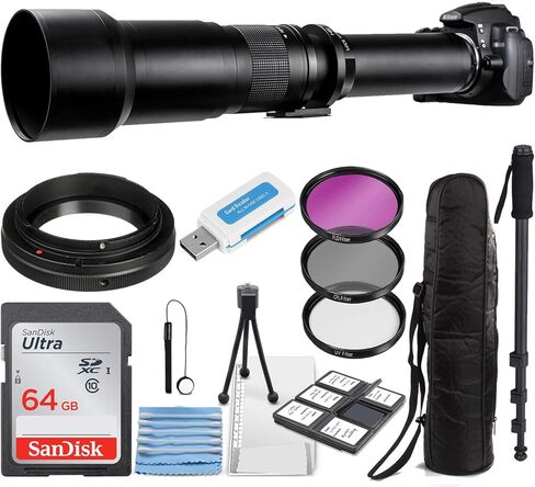 Super 650-1300mm f/8 Manual Telephoto Zoom Lens for Canon EOS EF-S DSLR Cameras with T-Mount + Photo Essential Accessory Kit in Saudi Arabia