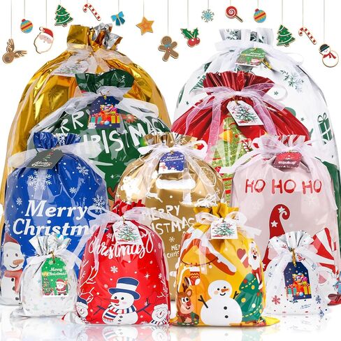 Christmas Drawstring Gift Bags, 30 Packs Wrapping Gift Bags with Colorful Tags, Assorted Sizes Holiday Gift Bag (Small Medium Large Jumbo), Xmas Gift Treat Bags with Tags for Party Favors Presents Wrapping in Kuwait