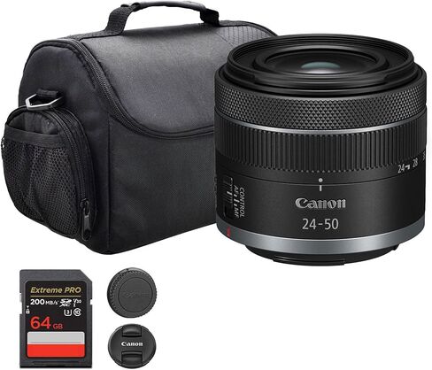 Canon RF 24-50mm f/4.5-6.3 هي عدسة STM | تكبير قياسي مدمج مع تثبيت الصورة والتركيز التلقائي السلس لـ STM | لتصوير السفر والشوارع والمناظر الطبيعية (5823C002) + حقيبة كتف + بطاقة سعة 64 جيجابايت in Saudi Arabia