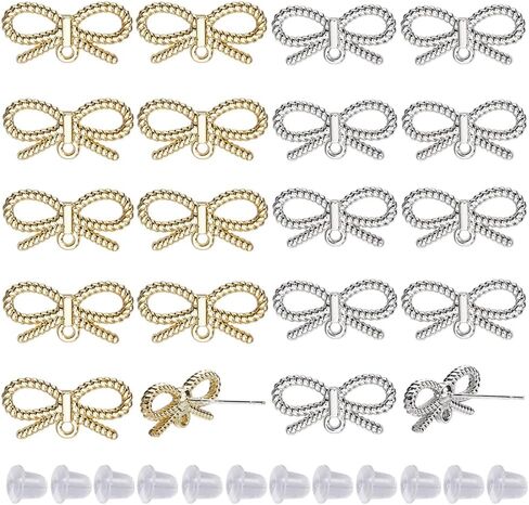 SUNNYCLUE 1 Box 50Pcs Earring Post Findings Bowknot Bow Ear Studs with Loops 20Pcs Stud Earrings with 30Pcs Plastic Nuts Silver Golden Ear Posts for Jewelry Making Accessories DIY Crafts Supplies in Saudi Arabia