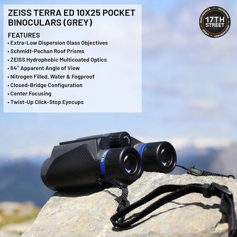 منظار Zeiss 10x25 Terra ED المدمج لمشاهدة الطيور (رمادي) مع حزام حزام حمل مريح من Waith، وقبعة بيسبول مموهة قابلة للتعديل وقطعة قماش لتنظيف العدسات من الألياف الدقيقة من Waith (مجموعة الحزمة) in Kuwait