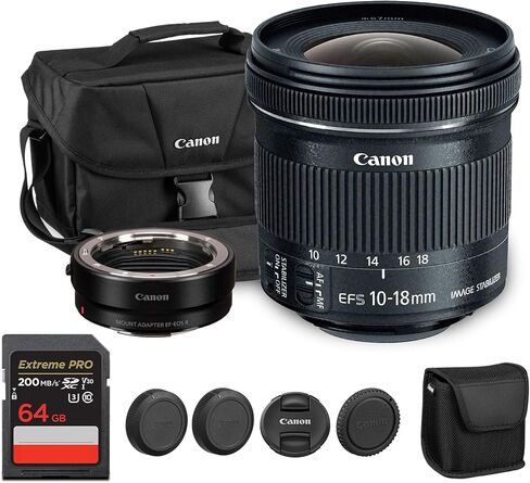Canon EF-S 10-18mm f/4.5-5.6 is STM Lens | Ultra-Wide Angle Zoom with Image Stabilization & Quiet Autofocus | Great for Travel & Landscape Photography (9519B002) + Adapter EF-EOS R + Bag + 64GB Card in Saudi Arabia