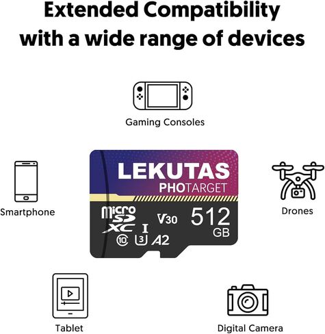 بطاقة Micro SD سعة 512 جيجابايت، بطاقة ذاكرة فلاش microSDXC UHS-I بطاقة TF، سرعة عالية 100 ميجابايت/ثانية، C10، U3، A2، V30، لتسجيل فيديو عالي الدقة بدقة 4K UHD in Kuwait