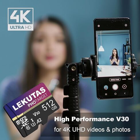 بطاقة Micro SD سعة 512 جيجابايت، بطاقة ذاكرة فلاش microSDXC UHS-I بطاقة TF، سرعة عالية 100 ميجابايت/ثانية، C10، U3، A2، V30، لتسجيل فيديو عالي الدقة بدقة 4K UHD in Kuwait