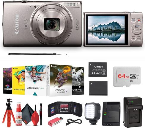 كاميرا Canon PowerShot IXUS 285 HS A بتكبير بصري 12X رقمية (فضي) + بطارية NB11L + بطاقة ذاكرة سعة 64 جيجابايت + برنامج صور + حقيبة + شاحن + ضوء LED + قارئ بطاقات + المزيد (متجدد) in Kuwait