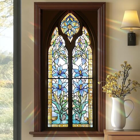 Stained Glass Style Floral Window Film Floral Window Privacy Film Glass Privacy Decals Living Room Sun Blocking Decor Removable Static Cling Stickers 17.71x39.97 inch in Saudi Arabia