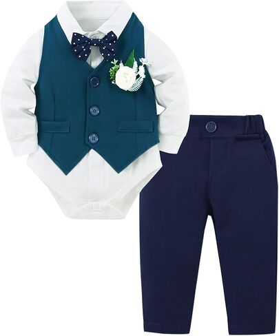 YUEMION Baby Boy Clothes Suit Infant Gentleman Wedding Outfit Formal Dress Shirt+Vest+Tie+Corsage+Pants 5Pcs Tuxedo Set 0-18M in Kuwait
