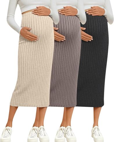 Huukeay 3 Pack Women's Maternity Skirt Ribbed Knit Midi Adjustable High Waist Casual Fall Winter Pregnancy Clothes in Saudi Arabia