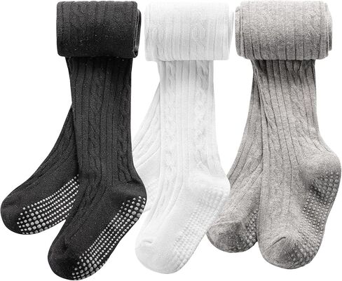 3 Pack Toddler Tights Non Slip Tights for Girls (6 months-6 years) | Knit Cotton Pantyhose for Toddler Girls Baby, Black White Pink Grey, Soft & Comfortable, Enlarged Crotch in Saudi Arabia