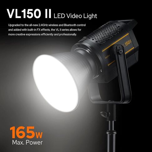 مصباح فيديو Godox VL150II LED، 165W 76000Lux LED ضوء مستمر، ضوء نهاري احترافي ساطع 5600k CRI96+، يدعم طاقة بطارية ليثيوم DC أو V-Port، 8 تأثيرات FX للتحكم في تطبيق Bowens Mount in Saudi Arabia