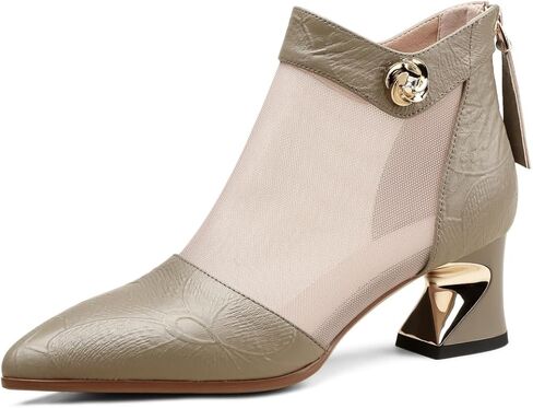 TinaCus Pointed Toe Handmade Back Zipper Women's Chunky Heels Embossed Genuine Leather & Breathable Mesh Ankle Boots in Saudi Arabia