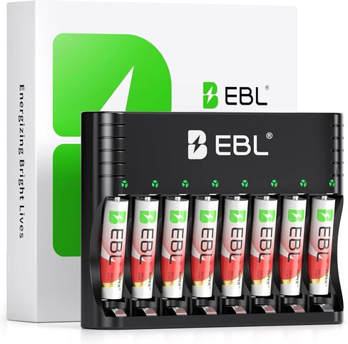 بطاريات ليثيوم AA قابلة لإعادة الشحن من EBL مع شاحن، 3000 مللي واط في الساعة، بطاريات مزدوجة بقدرة 3000 مللي أمبير في الساعة، 1.5 فولت 8 عبوات بطاريات AA 1600+ دورات مثالية للكاميرات الوامضة وأقفال الأبواب وفوانيس التخييم in Kuwait