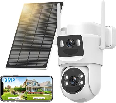 4K Cameras Cameras Wireless Outdoor Battery مدعوم من 5 جيجا هرتز و 2.4 جيجا هرتز Bullet و 360 ° PTZ كاميرا أمان خارجية مع لوحة شمسية (أبيض 2Pack) in Kuwait