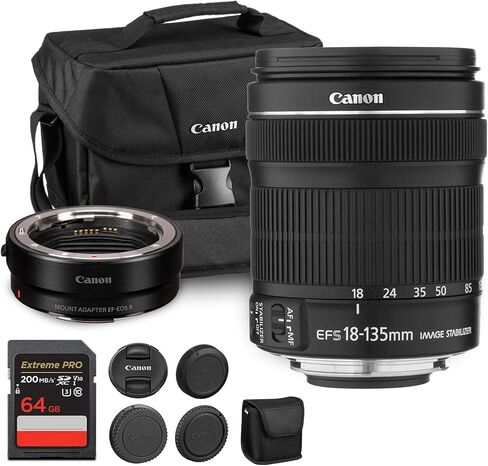 عدسة Canon EF-S 18-135mm f/3.5-5.6 هي عدسة STM | تكبير متعدد الإمكانات متعدد الإمكانات مع تثبيت الصورة والتركيز التلقائي السلس| للسفر وتصوير الصور الشخصية والفيديو (6097B002) + محول EF-EOS R + حقيبة + بطاقة سعة 64 جيجابايت in Saudi Arabia