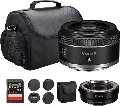 عدسة كانون RF 50 ملم f/1.8 STM | برايم قياسي مدمج مع فتحة f/1.8 ساطعة وتركيز تلقائي سلس STM | للصور الشخصية وتصوير الشوارع والتصوير اليومي (4515C002) + محول EF-EOS R + حقيبة + بطاقة سعة 64 جيجابايت in Saudi Arabia