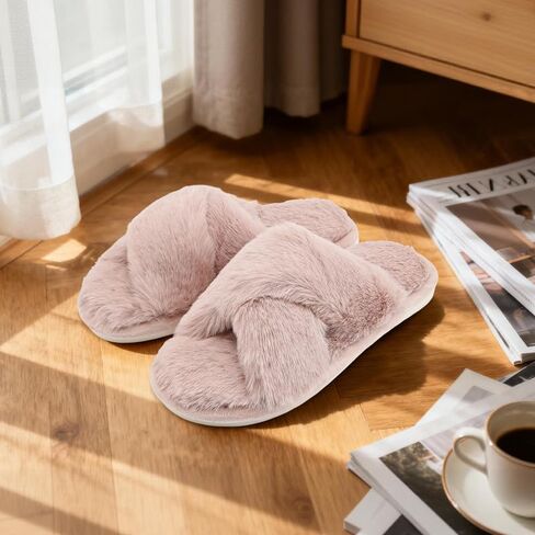 Women Cross Shaped Slippers Exposed Toes Cross Shaped Home Plush Warm Winter Indoor and Outdoor Slippers Pink in Saudi Arabia