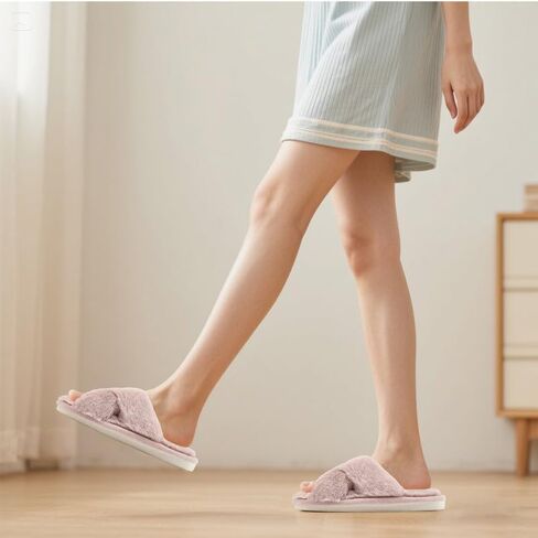 Women Cross Shaped Slippers Exposed Toes Cross Shaped Home Plush Warm Winter Indoor and Outdoor Slippers Pink in Saudi Arabia
