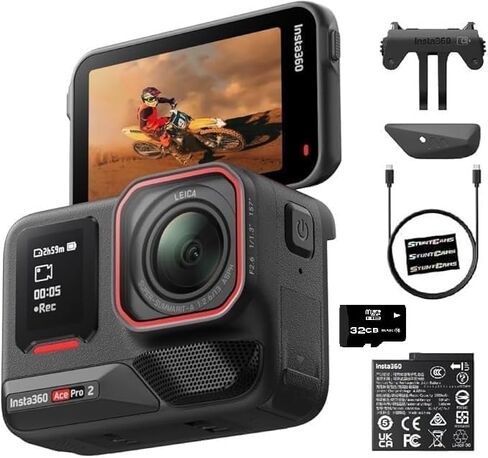 عدسة كاميرا Insta360 Ace Pro 2 مقاومة للماء بطول 33 قدمًا ومستشعر كبير 8K ومستشعر مزدوج لتقليل الضوضاء بتحرير الذكاء الاصطناعي 1/1.3 بوصة، إضاءة منخفضة مع بطاقة SD سعة 32 جيجابايت in Kuwait