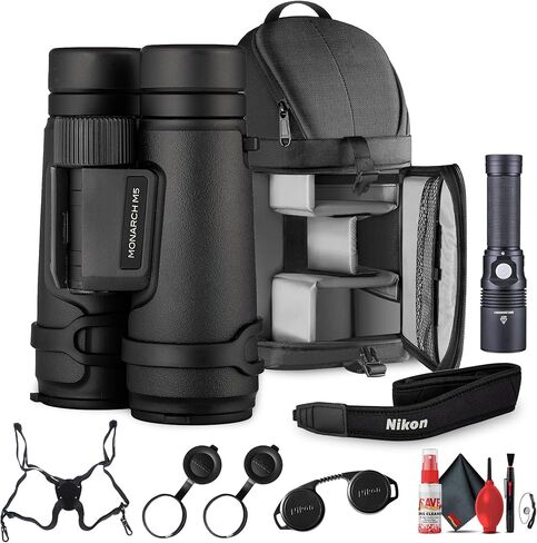 منظار نيكون مونارك M5 12x42 | مقاوم للماء، ومضاد للضباب، وبصريات خارجية عالية الطاقة (16769) + حقيبة ظهر بحزام + مصباح يدوي + طقم تنظيف + حزام تعليق + حافظة للغطاء (متجددة) in Kuwait