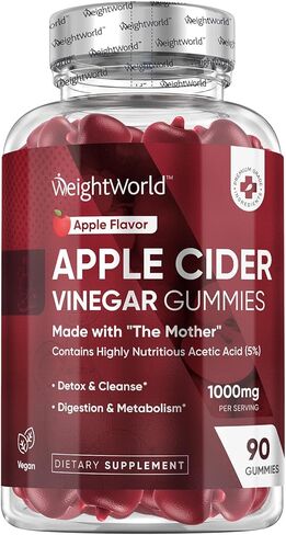 Wouldworld Apple Cider Cider Gummies with the Mother 1000mg - 90 Gummies - إضافة فيتامين B6 و B12 و B9 (حمض الفوليك) و C للتخلص من السموم والتنظيف والهضم والتمثيل الغذائي - نكهة التفاح الطبيعية اللذيذة in Kuwait