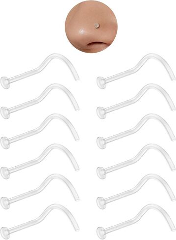 Clear Nose Stud for Work Women and Men Set - 12Pcs 18G 20G Bioflex Plastic L Shape Nose Rings Body Clear Piercing Retainer Flat Top Size 2mm for Sports Surgery Earring Lip Nose New Perforation in Kuwait