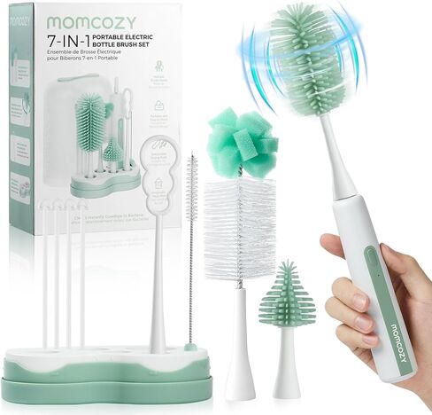 Momcozy 7 in 1 Electric Bottle Brush Kit, Portable Cleaning Set with Formula Mixer, Silicone Brush, Nipple Brush, Straw Brush, Soap Dispenser, Drying Rack - Long Battery Life for Home & Travel in Saudi Arabia