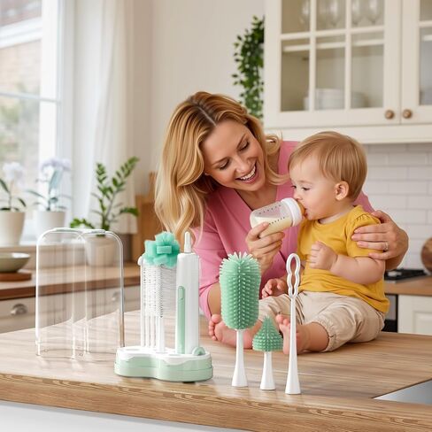 Momcozy 7 in 1 Electric Bottle Brush Kit, Portable Cleaning Set with Formula Mixer, Silicone Brush, Nipple Brush, Straw Brush, Soap Dispenser, Drying Rack - Long Battery Life for Home & Travel in Saudi Arabia