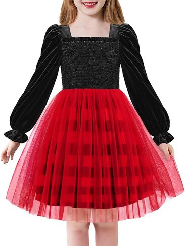 Arshiner Toddler Velvet Tutu Dress Tulle Puff Long Sleeve Square Neck Smocked Fall Winter Formal Party Birthday Dresses in Saudi Arabia