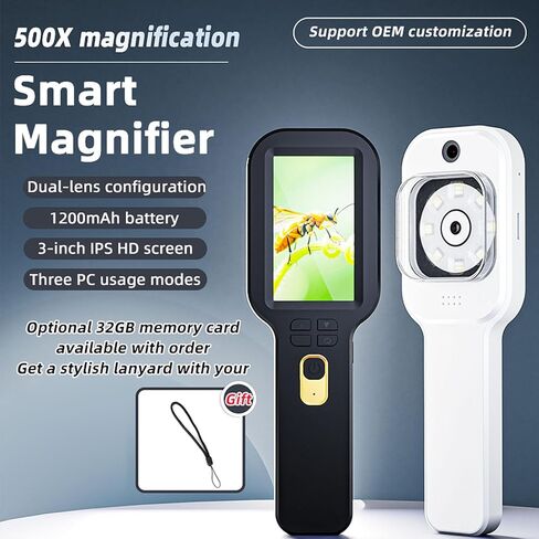 مجهر رقمي محمول، عدسة مكبرة رقمية محمولة USB 5X-500X مع ضوء مزدوج اللون، مكبر جيب ميكروسكوب ماركو لتجربة علوم التكبير للأطفال (أبيض) in Saudi Arabia