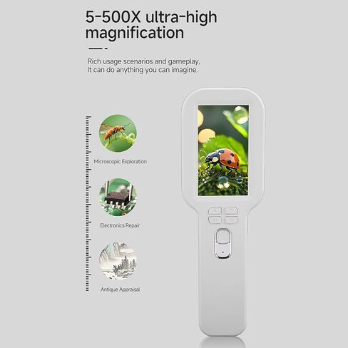 مجهر رقمي محمول، عدسة مكبرة رقمية محمولة USB 5X-500X مع ضوء مزدوج اللون، مكبر جيب ميكروسكوب ماركو لتجربة علوم التكبير للأطفال (أبيض) in Saudi Arabia