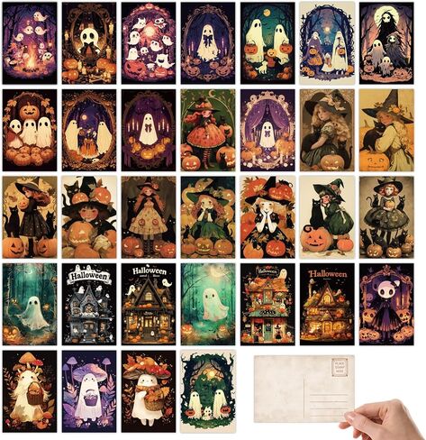 32pcs Vintage Halloween Postcards, Scary Pumpkin Witch Ghost Home Decor Thickened Greeting Cards, Halloween Party Gift Supplies Holiday Postcards for Family and Friends, 4×6 In in Kuwait