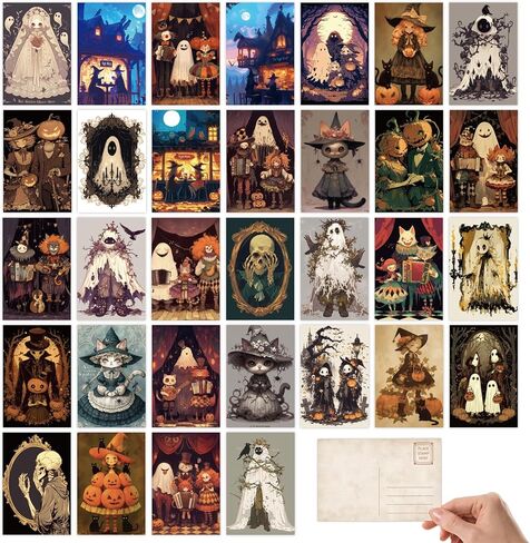 32pcs Vintage Halloween Postcards, Scary Pumpkin Witch Ghost Home Decor Thickened Greeting Cards, Halloween Party Gift Supplies Holiday Postcards for Family and Friends, 4×6 In in Kuwait