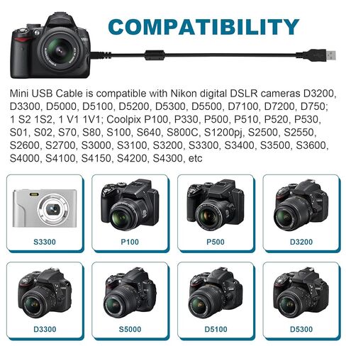 كابل يو اس بي UC-E6 متوافق مع نيكون D3200 D3300 D3400 D5000 D5200 D5300 D5500 D7100 D7200 D750، Coolpix B500 L330 L340 L620 L820 P500 P510 S01 S3000 S3100 S6000 S6300 كاميرا S8100 AW100 (1 م) in Kuwait